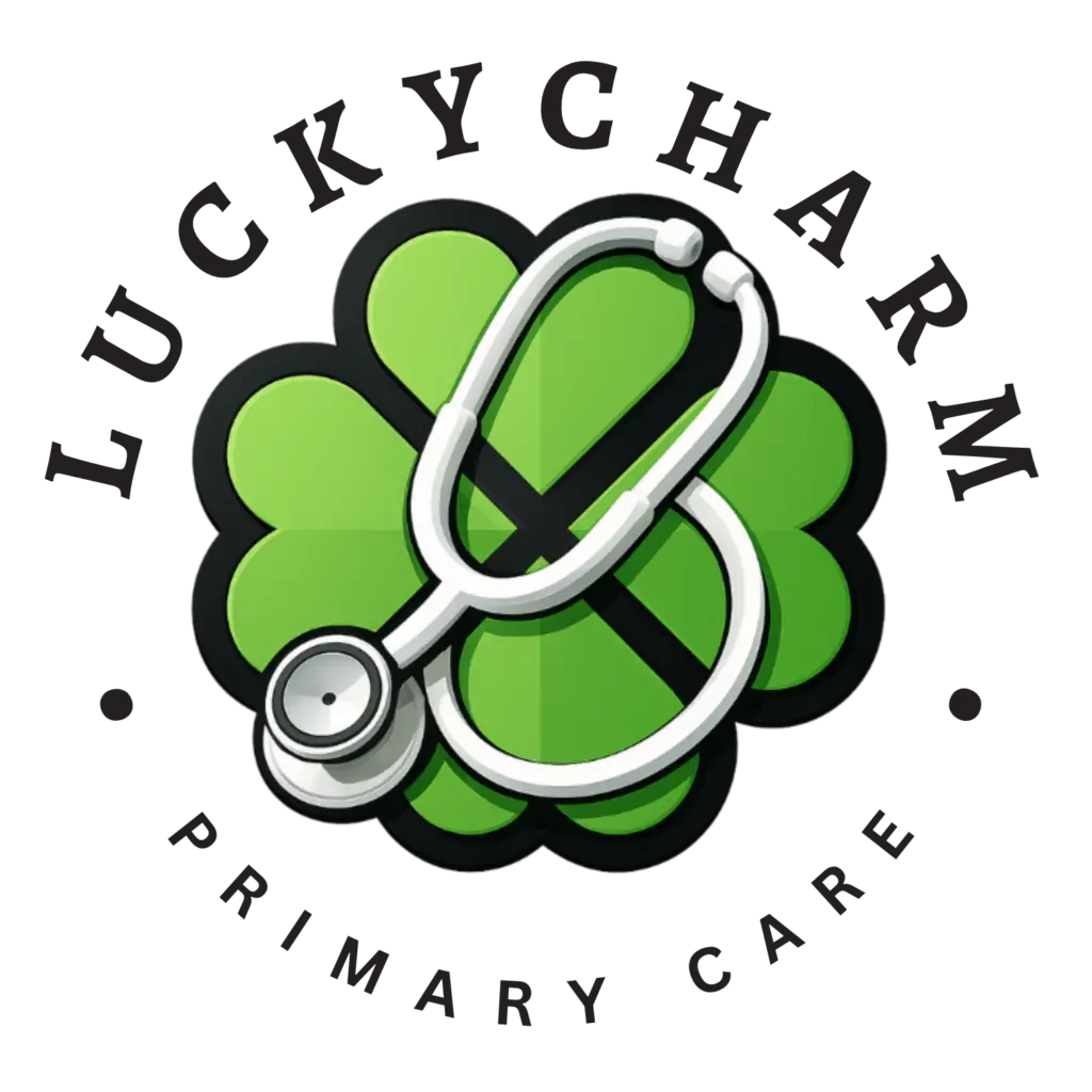 Logo: green four-leaf clover with a white stethoscope, representing primary care.