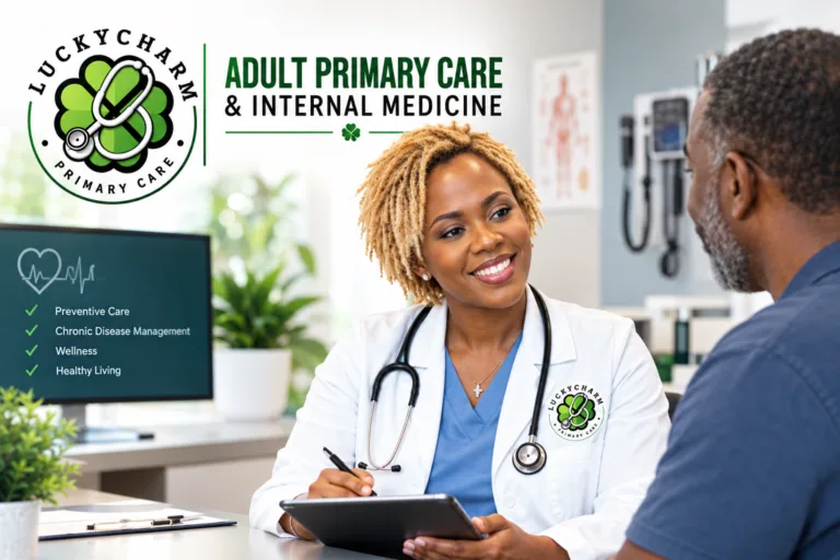 HOME 3 Physician reviewing health information with an adult patient during a primary care visit in Longview, TX