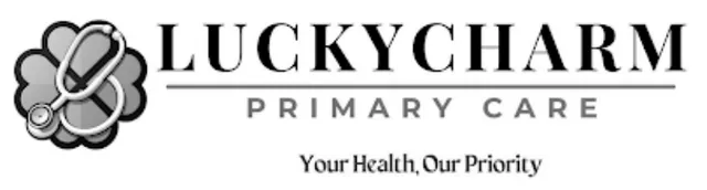 Luckycharm Primary Care logo: a four-leaf clover with heart-shaped leaves and a stethoscope, beside the words LUCKYCHARM PRIMARY CARE and the tagline Your Health, Our Priority