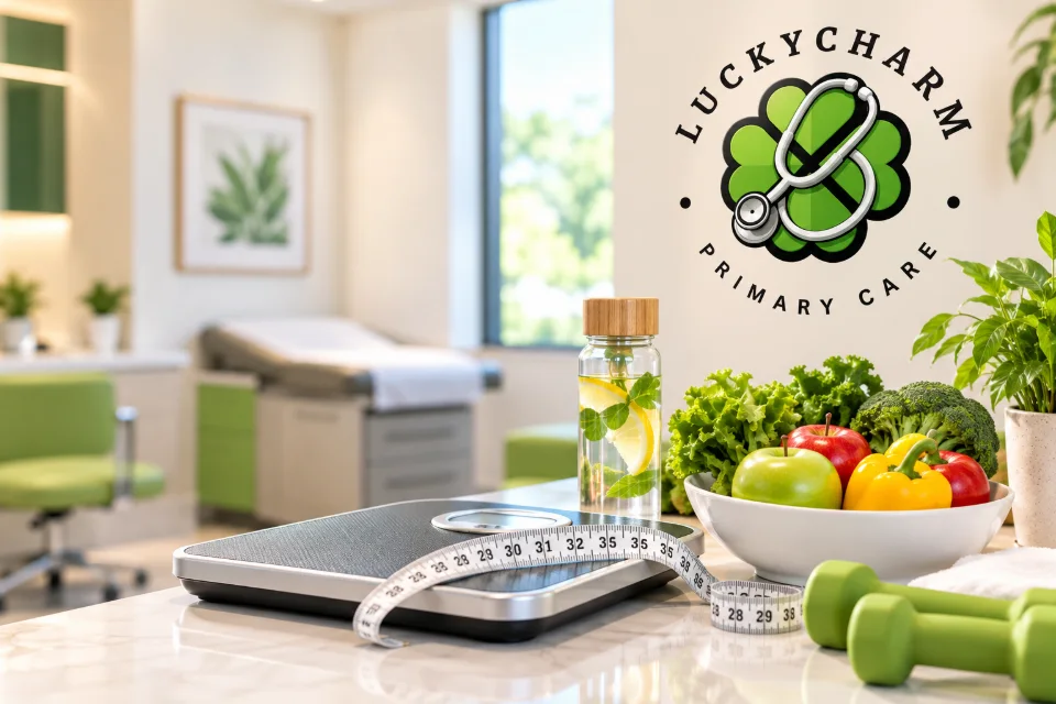 HOME 7 Healthy foods, dumbbells and a scale representing medical weight loss in Longview, TX